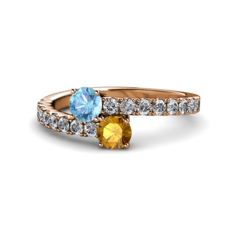 Delise 5.00mm Round Blue Topaz and Citrine with Side Diamonds Bypass Ring 