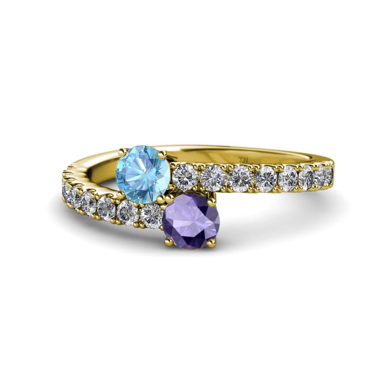 Delise 5.00mm Round Blue Topaz and Iolite with Side Diamonds Bypass Ring 