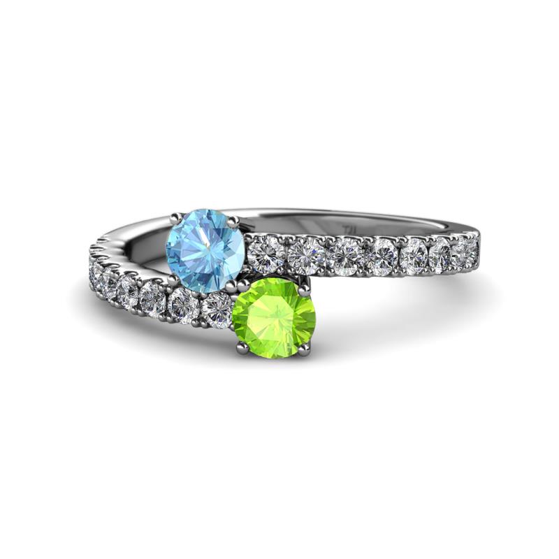 Delise 5.00mm Round Blue Topaz and Peridot with Side Diamonds Bypass Ring 