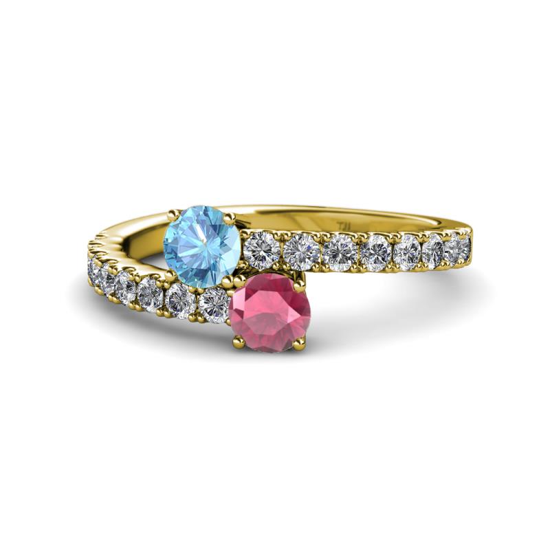Delise 5.00mm Round Blue Topaz and Rhodolite Garnet with Side Diamonds Bypass Ring 