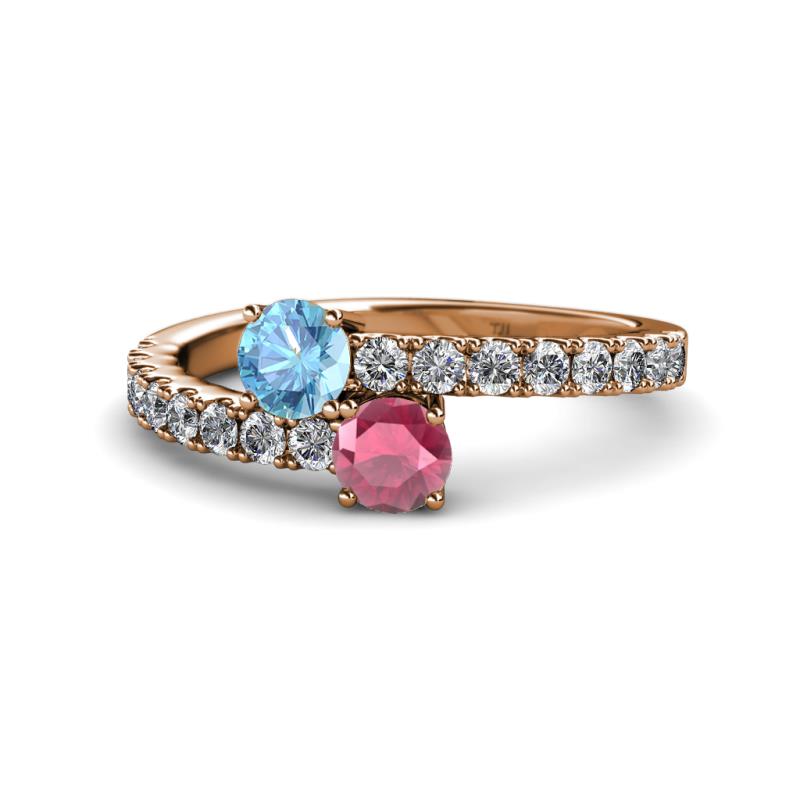 Delise 5.00mm Round Blue Topaz and Rhodolite Garnet with Side Diamonds Bypass Ring 