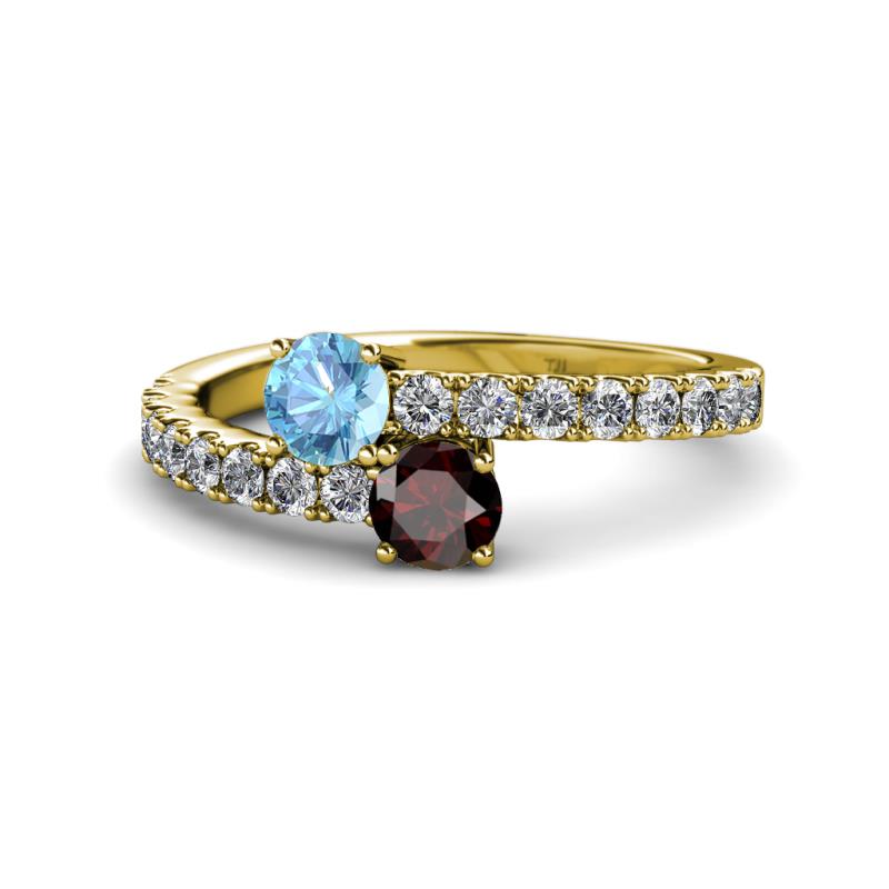 Delise 5.00mm Round Blue Topaz and Red Garnet with Side Diamonds Bypass Ring 