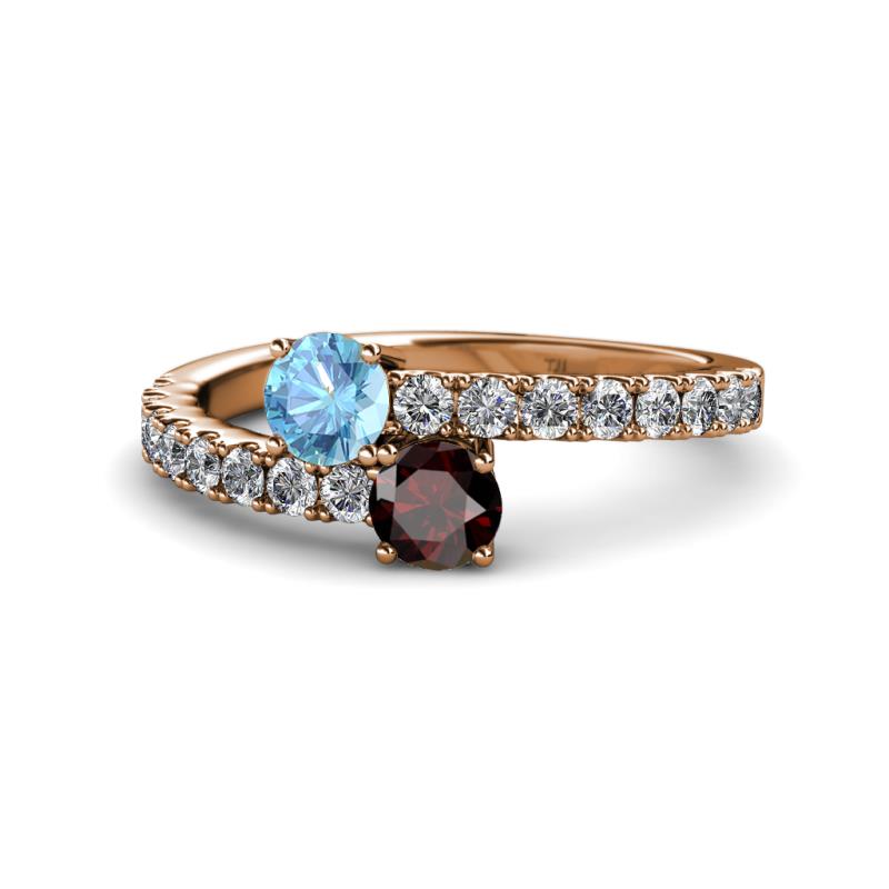 Delise 5.00mm Round Blue Topaz and Red Garnet with Side Diamonds Bypass Ring 