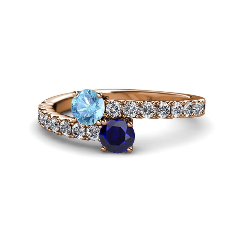 Delise 5.00mm Round Blue Topaz and Blue Sapphire with Side Diamonds Bypass Ring 