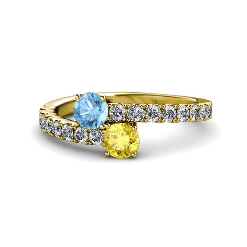 Delise 5.00mm Round Blue Topaz and Yellow Sapphire with Side Diamonds Bypass Ring 