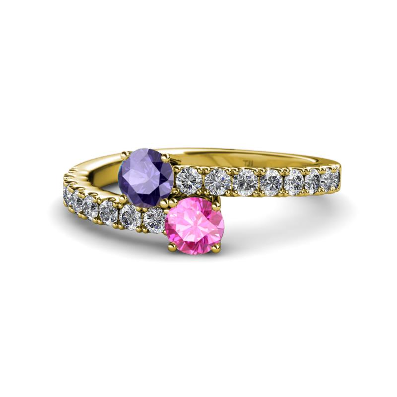 Delise 5.00mm Round Iolite and Pink Sapphire with Side Diamonds Bypass Ring 