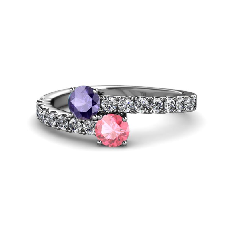 Delise 5.00mm Round Iolite and Pink Tourmaline with Side Diamonds Bypass Ring 