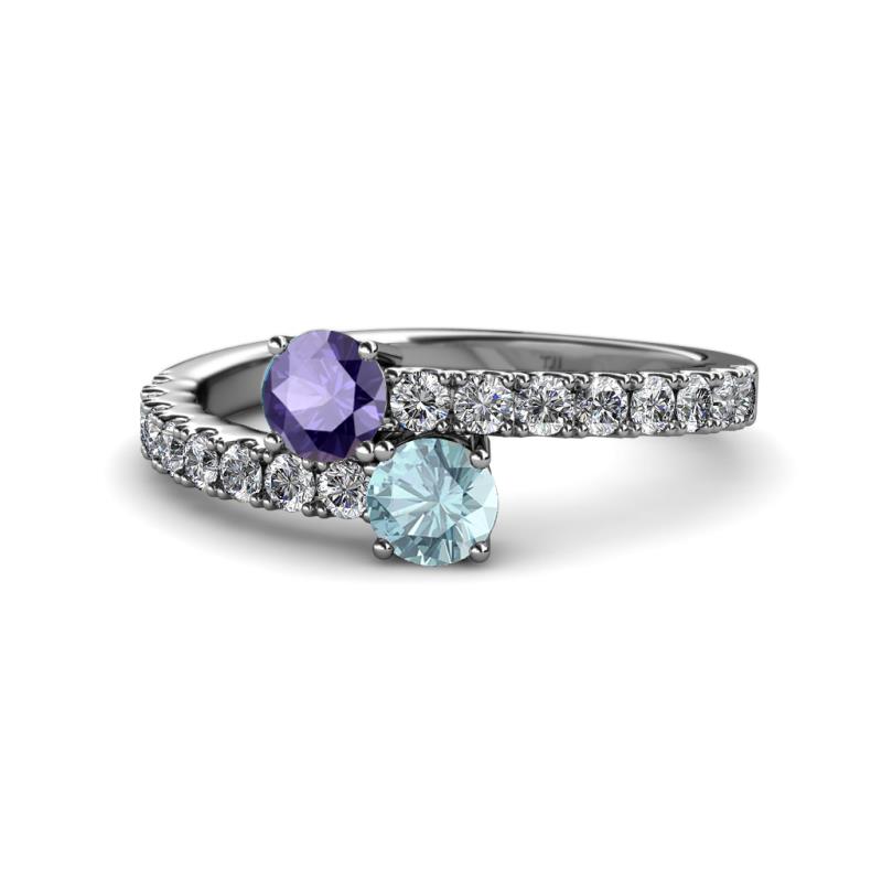 Delise 5.00mm Round Iolite and Aquamarine with Side Diamonds Bypass Ring 