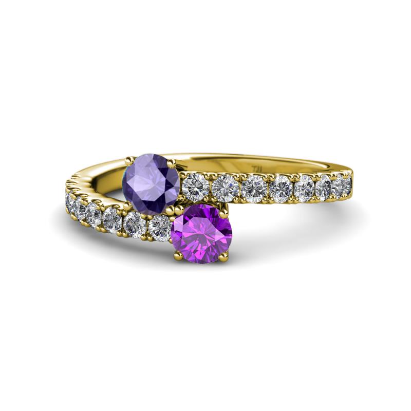 Delise 5.00mm Round Iolite and Amethyst with Side Diamonds Bypass Ring 