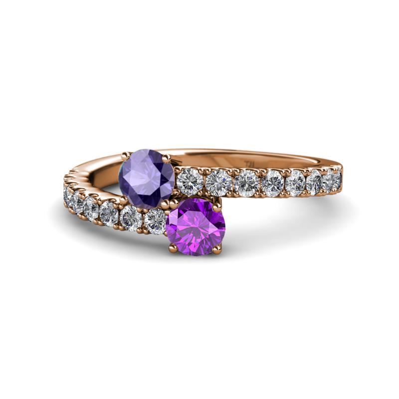 Delise 5.00mm Round Iolite and Amethyst with Side Diamonds Bypass Ring 