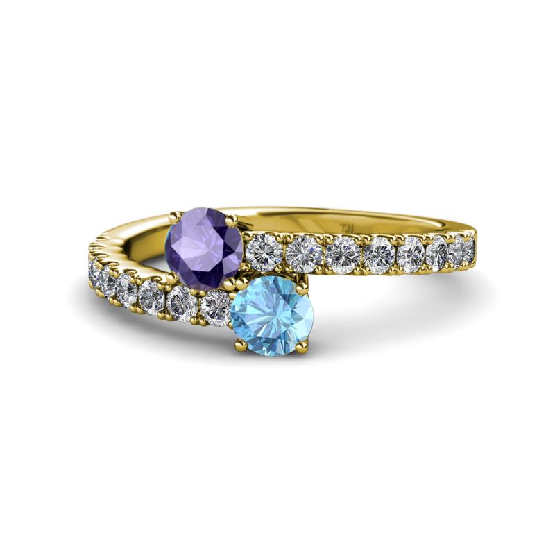 Delise 5.00mm Round Iolite and Blue Topaz with Side Diamonds Bypass Ring 