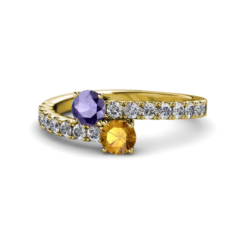 Delise 5.00mm Round Iolite and Citrine with Side Diamonds Bypass Ring 