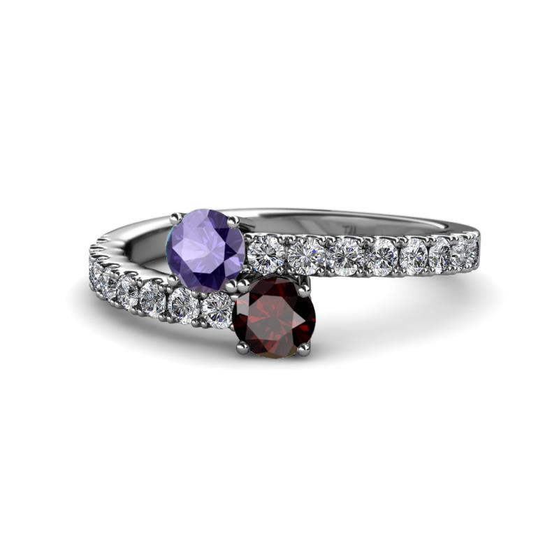 Delise 5.00mm Round Iolite and Red Garnet with Side Diamonds Bypass Ring 