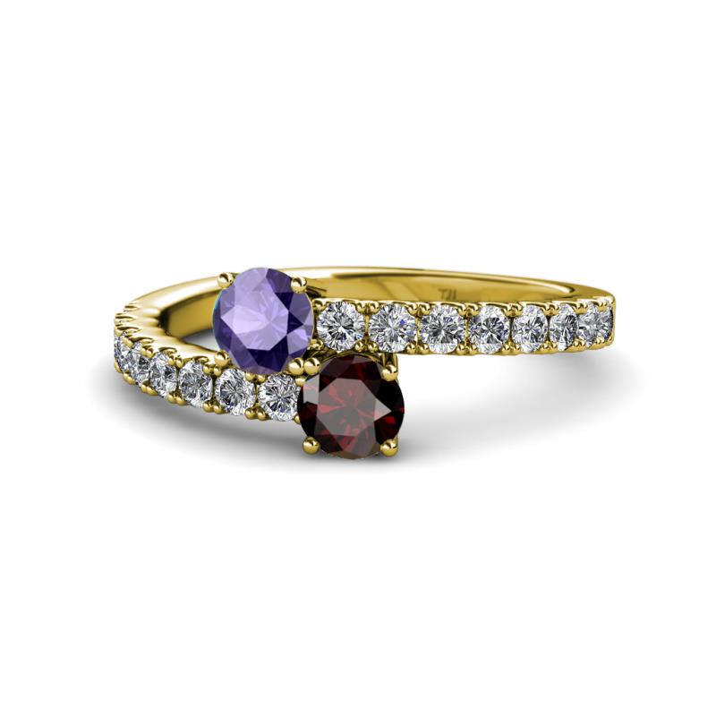 Delise 5.00mm Round Iolite and Red Garnet with Side Diamonds Bypass Ring 
