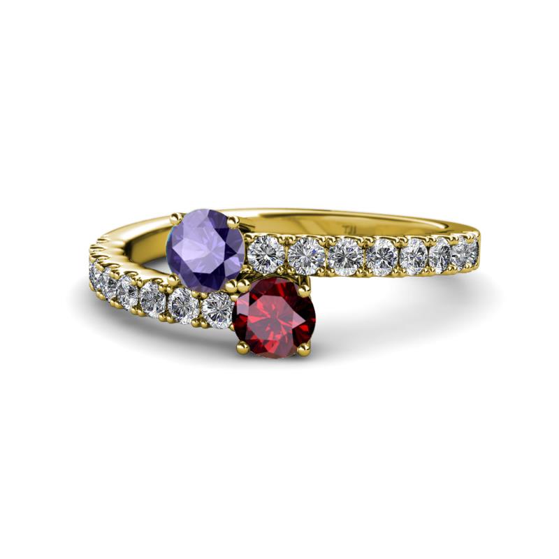 Delise 5.00mm Round Iolite and Ruby with Side Diamonds Bypass Ring 
