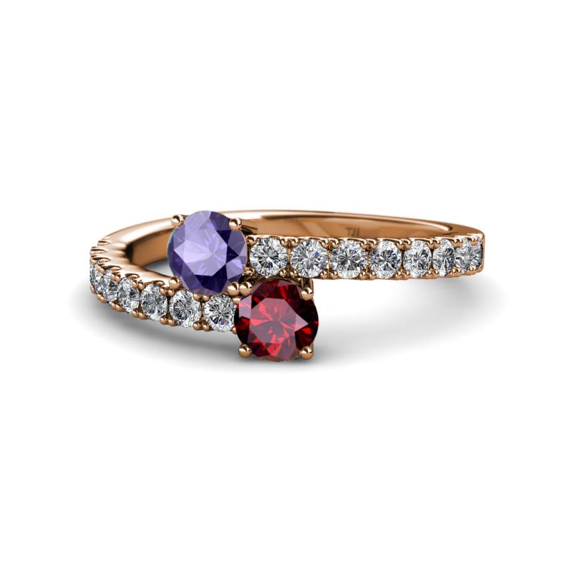 Delise 5.00mm Round Iolite and Ruby with Side Diamonds Bypass Ring 
