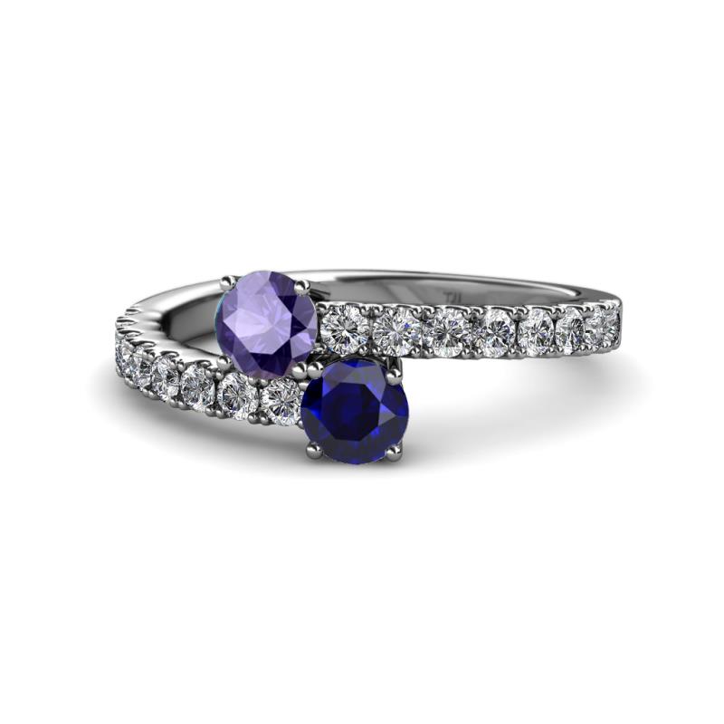 Delise 5.00mm Round Iolite and Blue Sapphire with Side Diamonds Bypass Ring 
