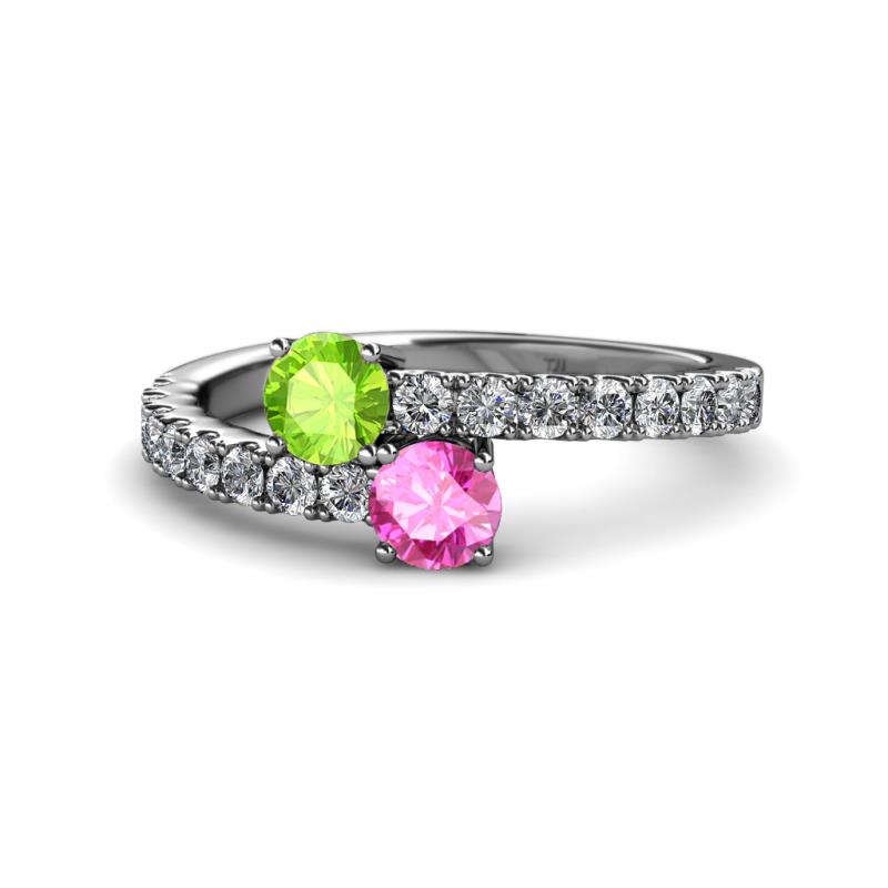 Delise 5.00mm Round Peridot and Pink Sapphire with Side Diamonds Bypass Ring 