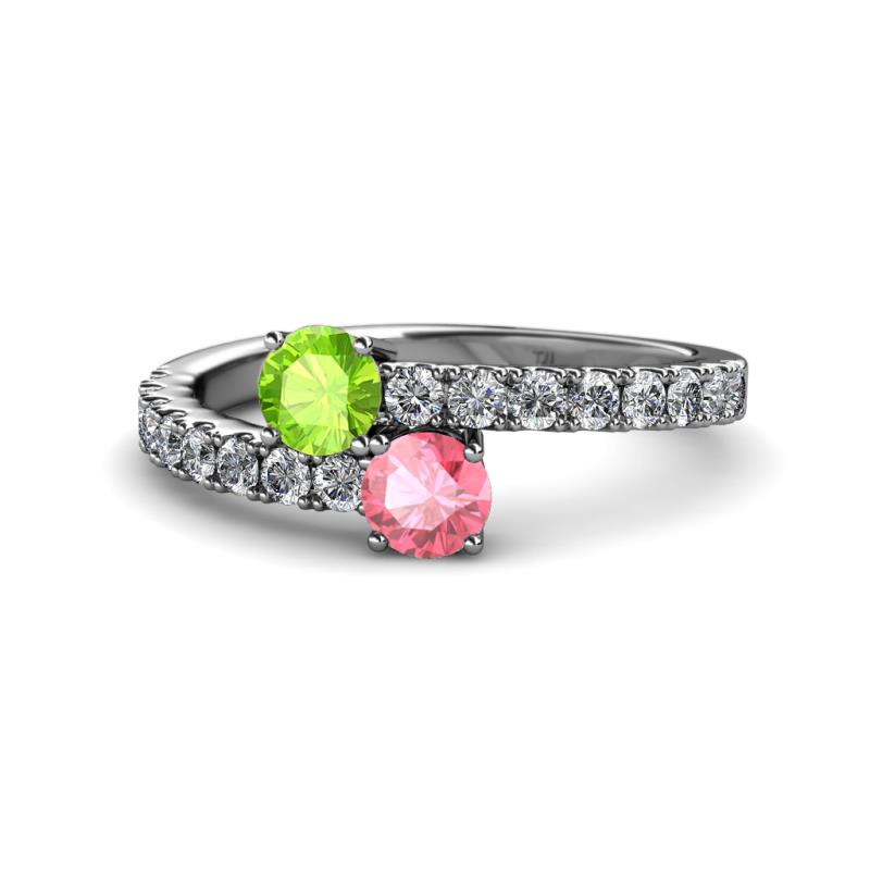 Delise 5.00mm Round Peridot and Pink Tourmaline with Side Diamonds Bypass Ring 