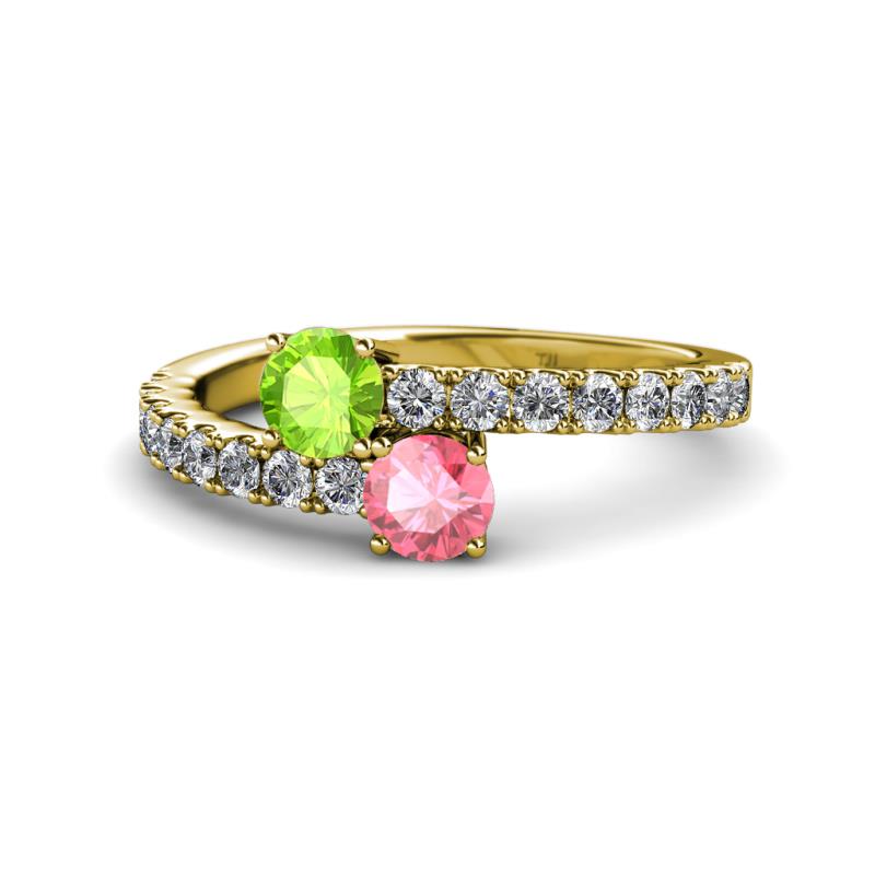 Delise 5.00mm Round Peridot and Pink Tourmaline with Side Diamonds Bypass Ring 