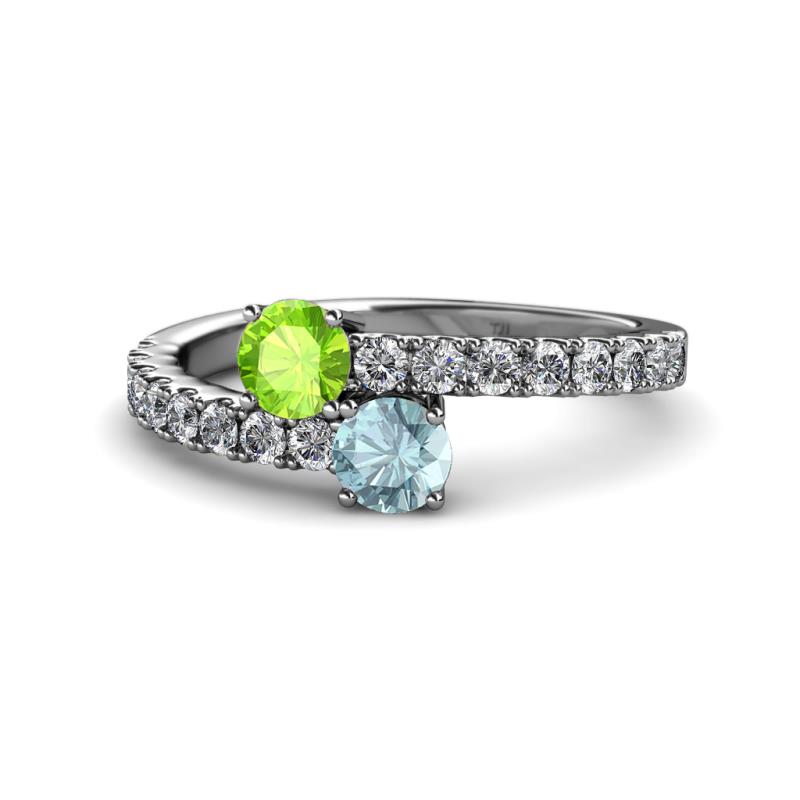 Delise 5.00mm Round Peridot and Aquamarine with Side Diamonds Bypass Ring 