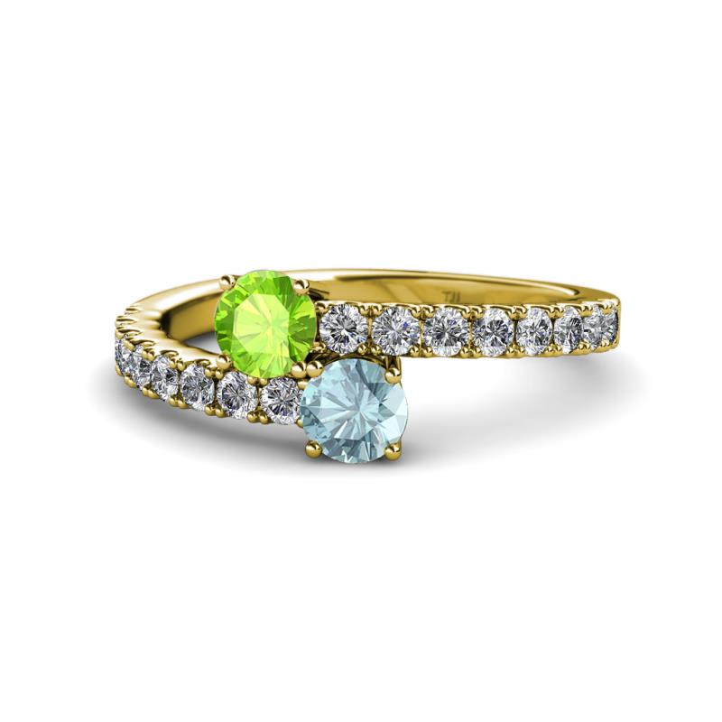 Delise 5.00mm Round Peridot and Aquamarine with Side Diamonds Bypass Ring 