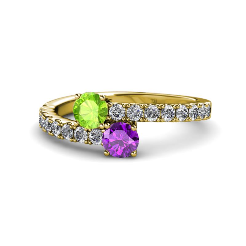 Delise 5.00mm Round Peridot and Amethyst with Side Diamonds Bypass Ring 