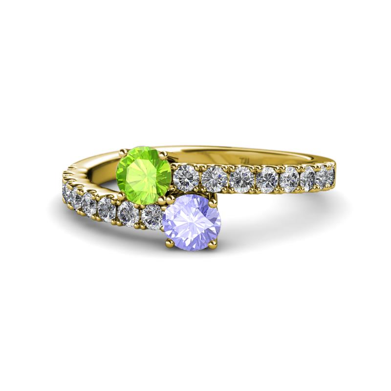 Delise 5.00mm Round Peridot and Tanzanite with Side Diamonds Bypass Ring 
