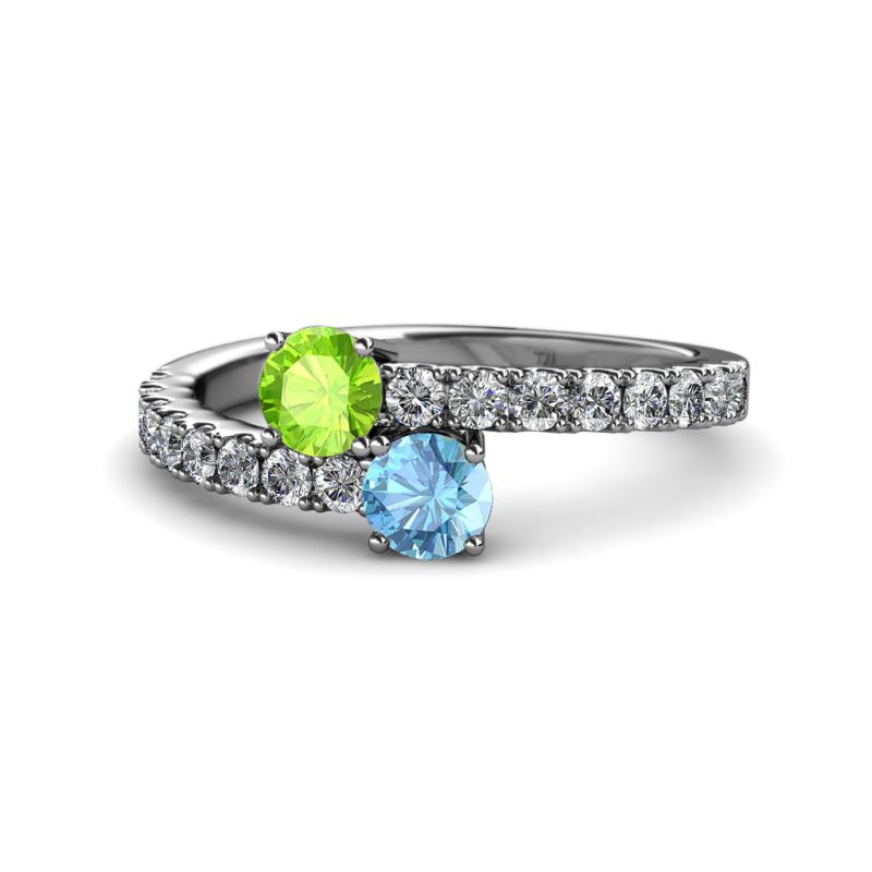 Delise 5.00mm Round Peridot and Blue Topaz with Side Diamonds Bypass Ring 