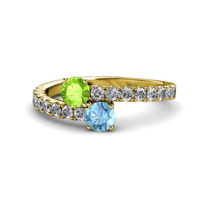 Delise 5.00mm Round Peridot and Blue Topaz with Side Diamonds Bypass Ring 