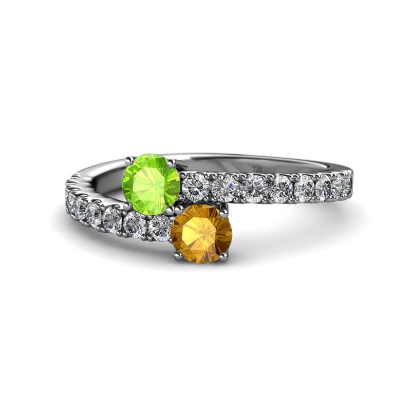 Delise 5.00mm Round Peridot and Citrine with Side Diamonds Bypass Ring 