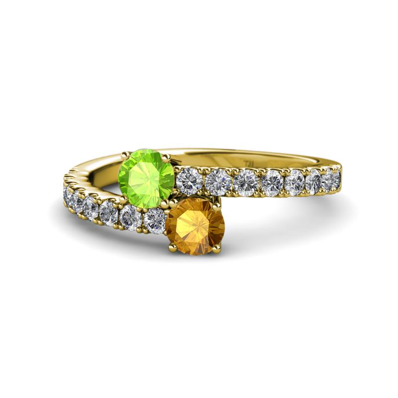 Delise 5.00mm Round Peridot and Citrine with Side Diamonds Bypass Ring 