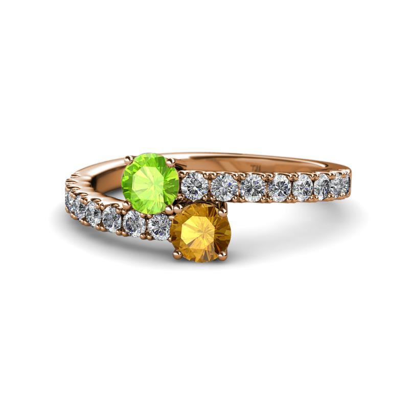 Delise 5.00mm Round Peridot and Citrine with Side Diamonds Bypass Ring 