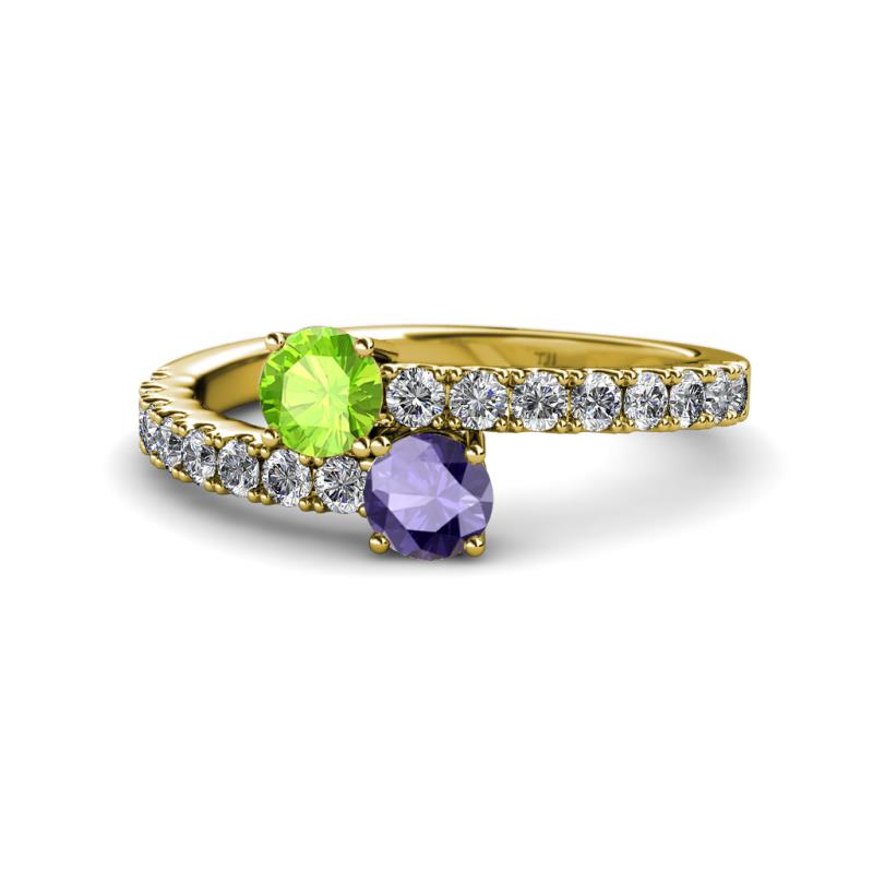 Delise 5.00mm Round Peridot and Iolite with Side Diamonds Bypass Ring 