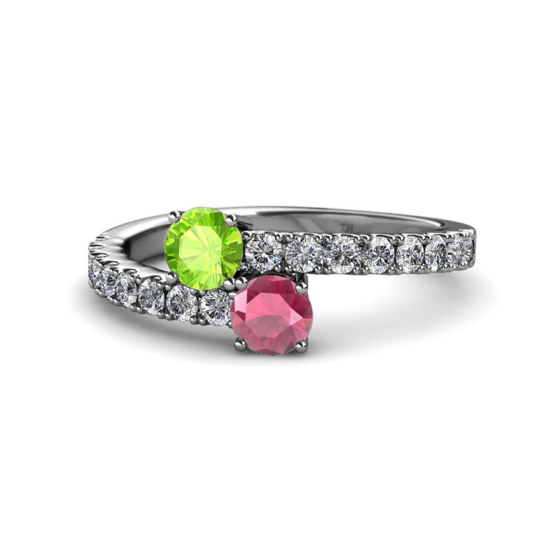 Delise 5.00mm Round Peridot and Rhodolite Garnet with Side Diamonds Bypass Ring 