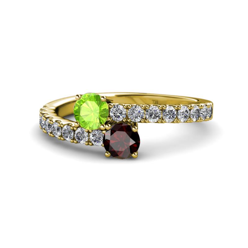 Delise 5.00mm Round Peridot and Red Garnet with Side Diamonds Bypass Ring 