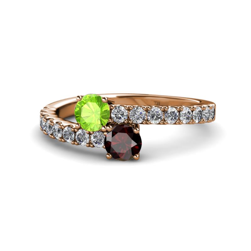 Delise 5.00mm Round Peridot and Red Garnet with Side Diamonds Bypass Ring 
