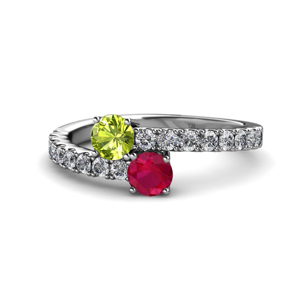 Delise 5.00mm Round Peridot and Ruby with Side Diamonds Bypass Ring 