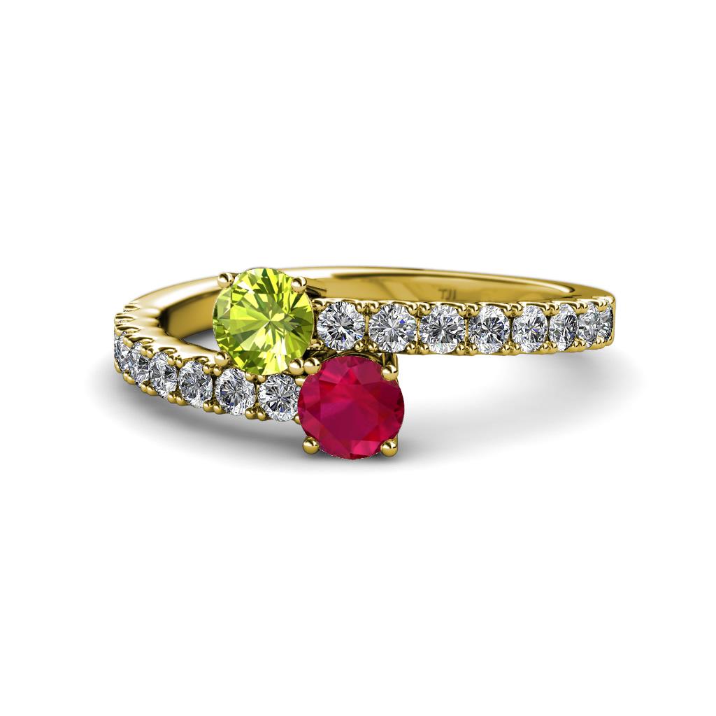 Delise 5.00mm Round Peridot and Ruby with Side Diamonds Bypass Ring 
