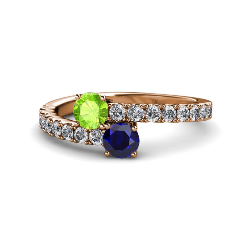 Delise 5.00mm Round Peridot and Blue Sapphire with Side Diamonds Bypass Ring 