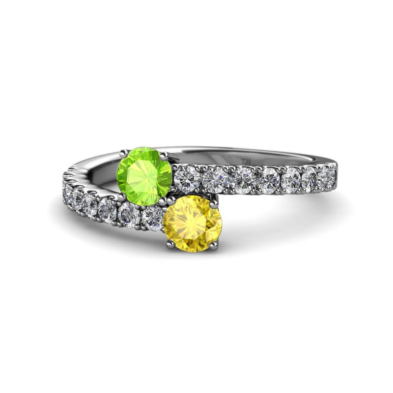 Delise 5.00mm Round Peridot and Yellow Sapphire with Side Diamonds Bypass Ring 