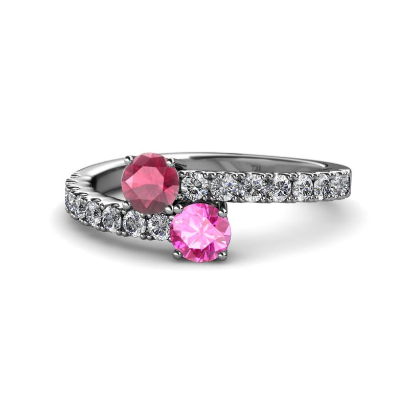 Delise 5.00mm Round Rhodolite Garnet and Pink Sapphire with Side Diamonds Bypass Ring 