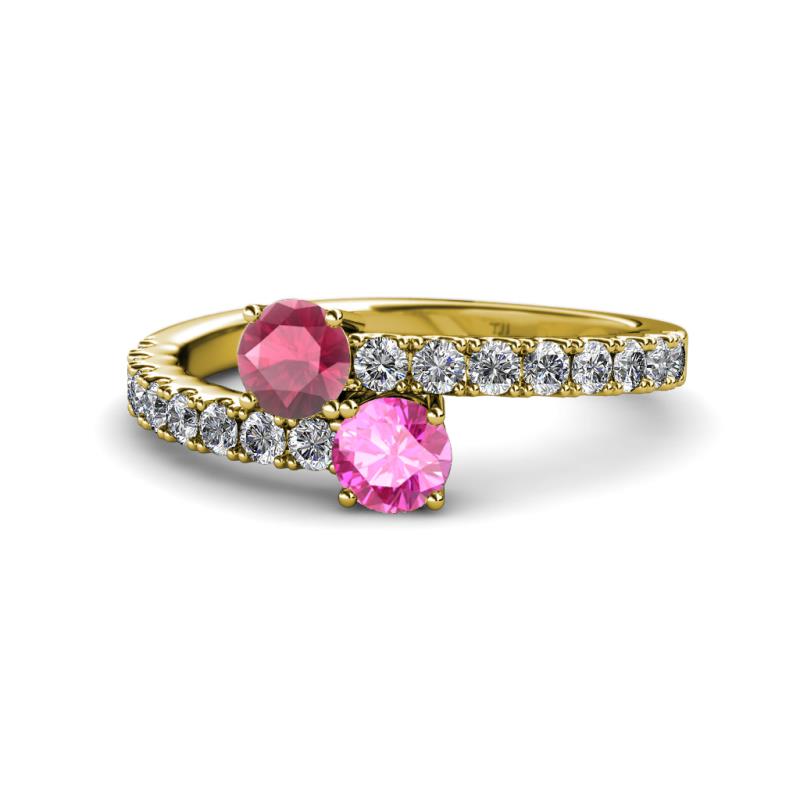 Delise 5.00mm Round Rhodolite Garnet and Pink Sapphire with Side Diamonds Bypass Ring 