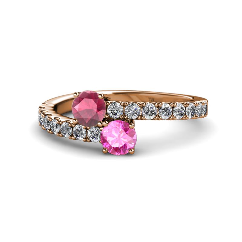 Delise 5.00mm Round Rhodolite Garnet and Pink Sapphire with Side Diamonds Bypass Ring 