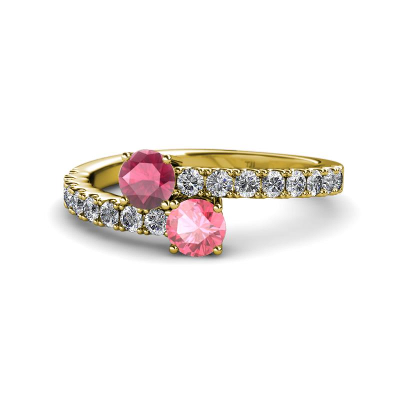 Delise 5.00mm Round Rhodolite Garnet and Pink Tourmaline with Side Diamonds Bypass Ring 