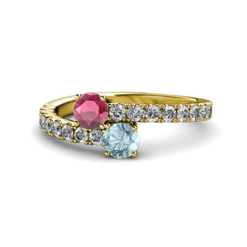 Delise 5.00mm Round Rhodolite Garnet and Aquamarine with Side Diamonds Bypass Ring 