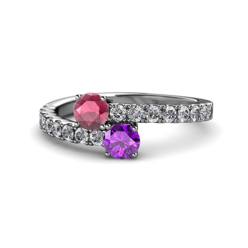 Delise 5.00mm Round Rhodolite Garnet and Amethyst with Side Diamonds Bypass Ring 