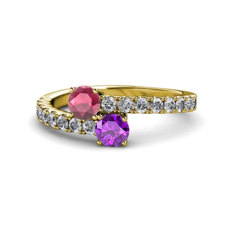 Delise 5.00mm Round Rhodolite Garnet and Amethyst with Side Diamonds Bypass Ring 