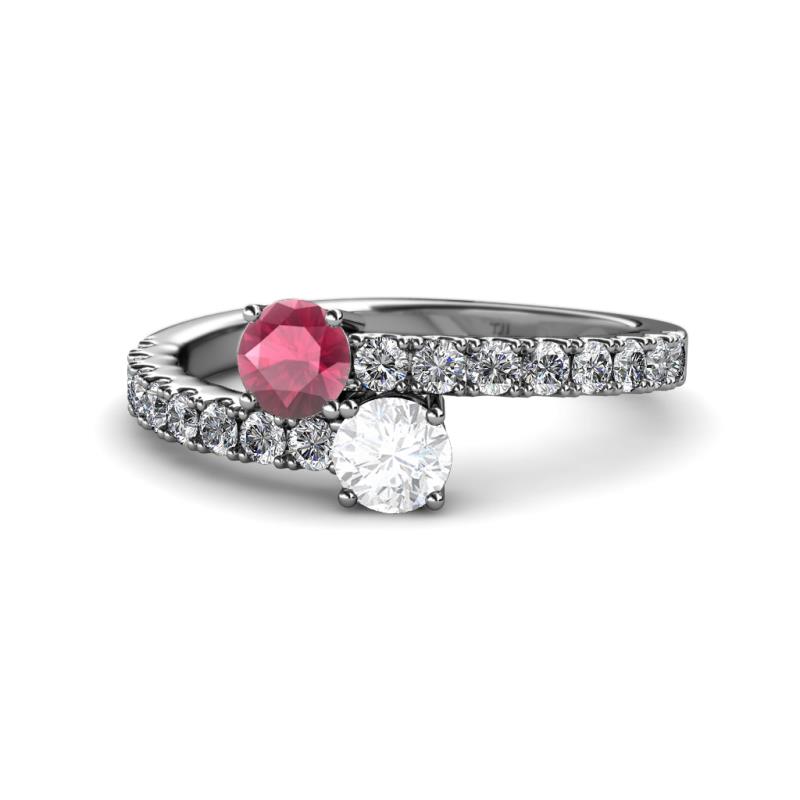Delise 5.00mm Round Rhodolite Garnet and White Sapphire with Side Diamonds Bypass Ring 