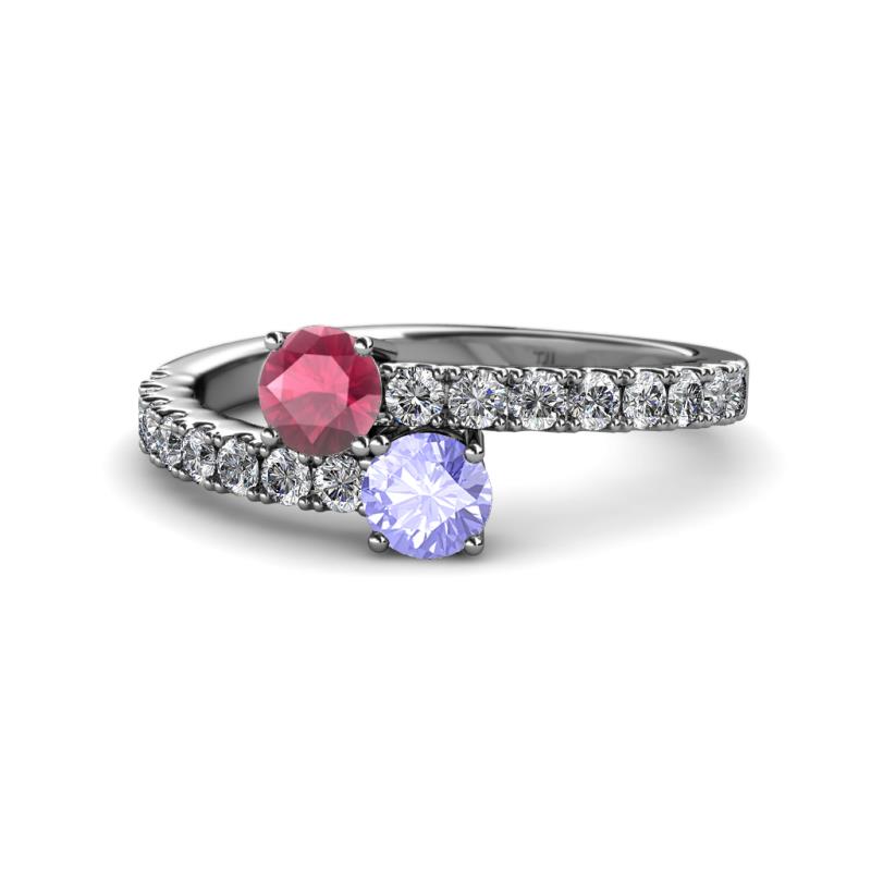 Delise 5.00mm Round Rhodolite Garnet and Tanzanite with Side Diamonds Bypass Ring 